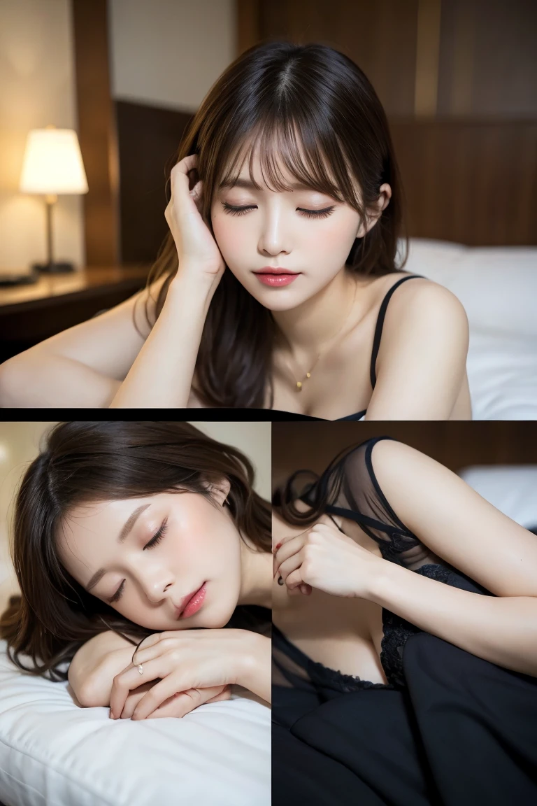 Lying in bed in a high-rise hotel with a stylish night view , Highest quality, shape, Very detailed, In detail, High resolution, 8k wallpaper, Perfect dynamic composition, Beautiful details, Natural Lip, Cute Costumes, Big Breasts, Cleavage, She is sleeping lying down. Her eyes are closed and she has a cute sleeping face..., A masterpiece of the whole body, Full Body Shot