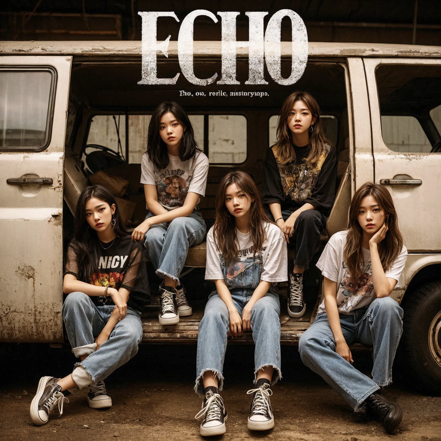 a visually striking five korean young woman member band photo in a gritty, urban setting. The band should be seated in a rugged van, evoking a raw. Emphasize a cool, laid-back attitude with casual clothing, such as graphic tees, jeans, and sneakers. Ensure the band's name, “ECHO” is prominently displayed above them in bold, distressed typography. Capture a mood that reflects the essence of early 2000s pop, combining elements of angst, realistic, masterpiece
