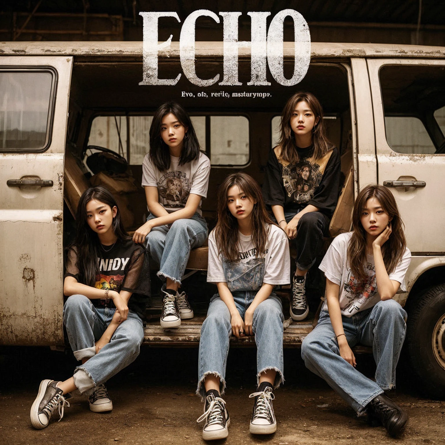 a visually striking five korean young woman member band photo in a gritty, urban setting. The band should be seated in a rugged van, evoking a raw. Emphasize a cool, laid-back attitude with casual clothing, such as graphic tees, jeans, and sneakers. Ensure the band's name, “ECHO” is prominently displayed above them in bold, distressed typography. Capture a mood that reflects the essence of early 2000s pop, combining elements of angst, realistic, masterpiece