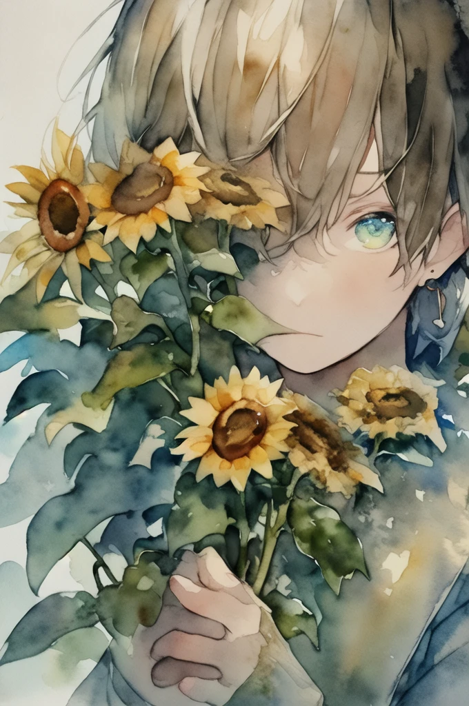 (watercolor:1.2),1 Boy, Solitary, flower, sunflower,freckle, portrait, leaf, Bangs, sign, yellow flower, Brown hair, Long hair, Green Eyes, Hair between the eyes, flower earrings
