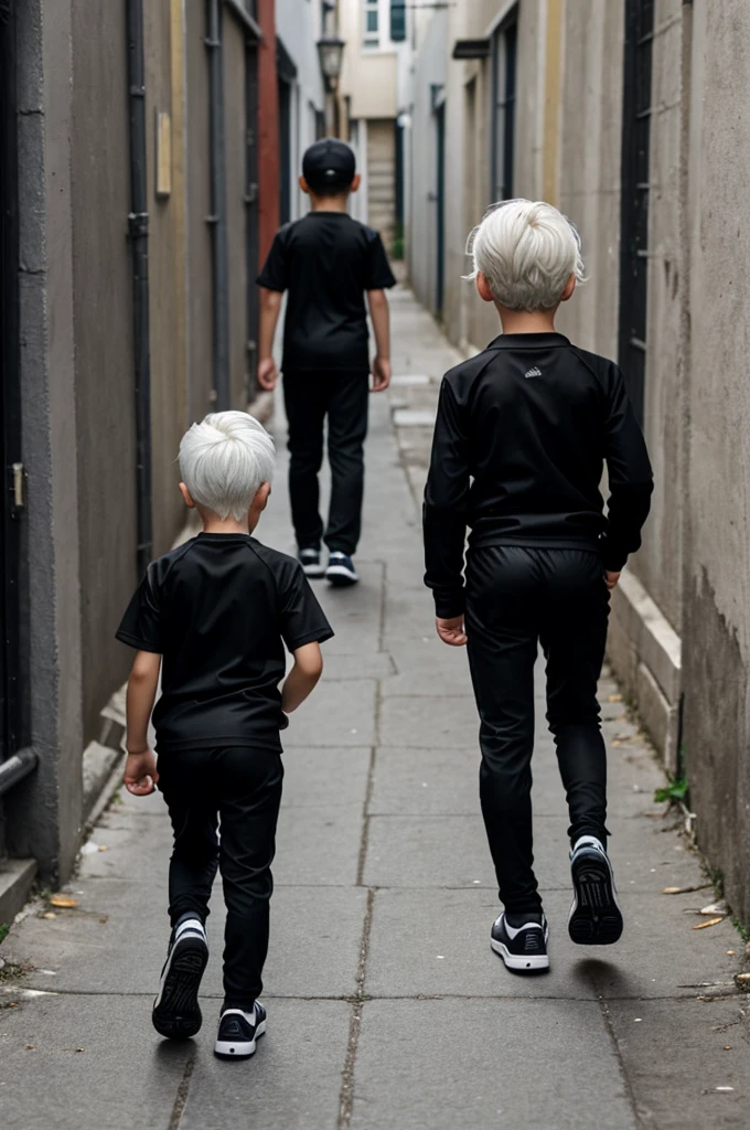 Little boy of 8 years old with white hair and black hair and black eyes, wearing a black school shirt and tight lycra pants and showing her butt and with black school sneakers walking through an alley only the perspective from the back