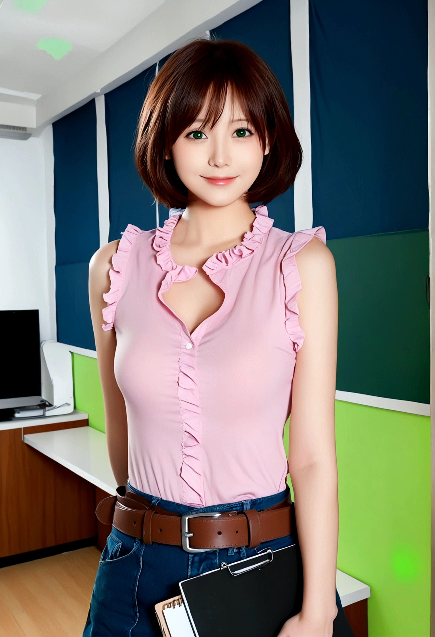 1 Girl, Solitary, breast, Looking at the audience, Smile, short hair, large breast, Brown hair, shirt, Keep, cleveage, Green Eyes, clavicle, Ruffles, sleeveless, belt, indoors, sleeveless shirt, pink shirt, clipboard