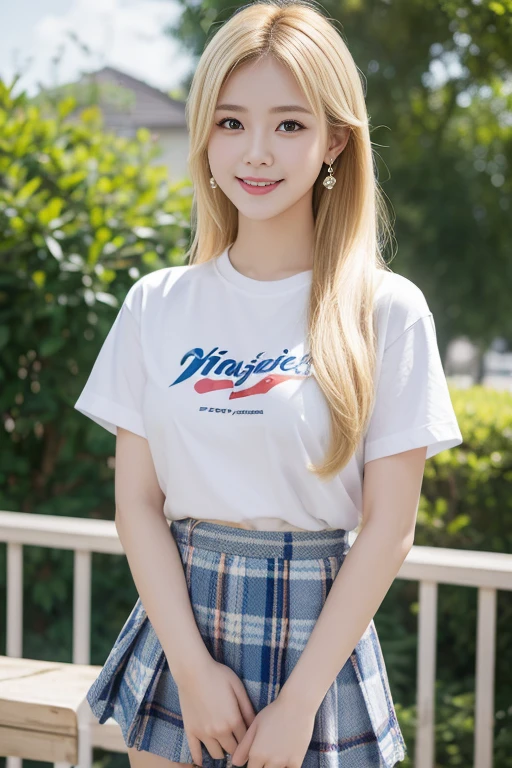 Masterpiece, best quality, height, Kitagawa Marine, 1 woman, blonde hair, long hair, colorful hair, conjunctivitis, decorate, earring, drill, , white shirt, T-shirt tie, plaid skirt, smile, รอยsmile, stand, Cowboy Shot, outdoor,