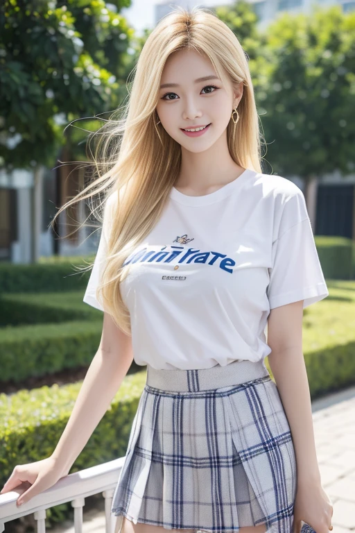 Masterpiece, best quality, height, Kitagawa Marine, 1 woman, blonde hair, long hair, colorful hair, conjunctivitis, decorate, earring, drill, , white shirt, T-shirt tie, plaid skirt, smile, รอยsmile, stand, Cowboy Shot, outdoor,