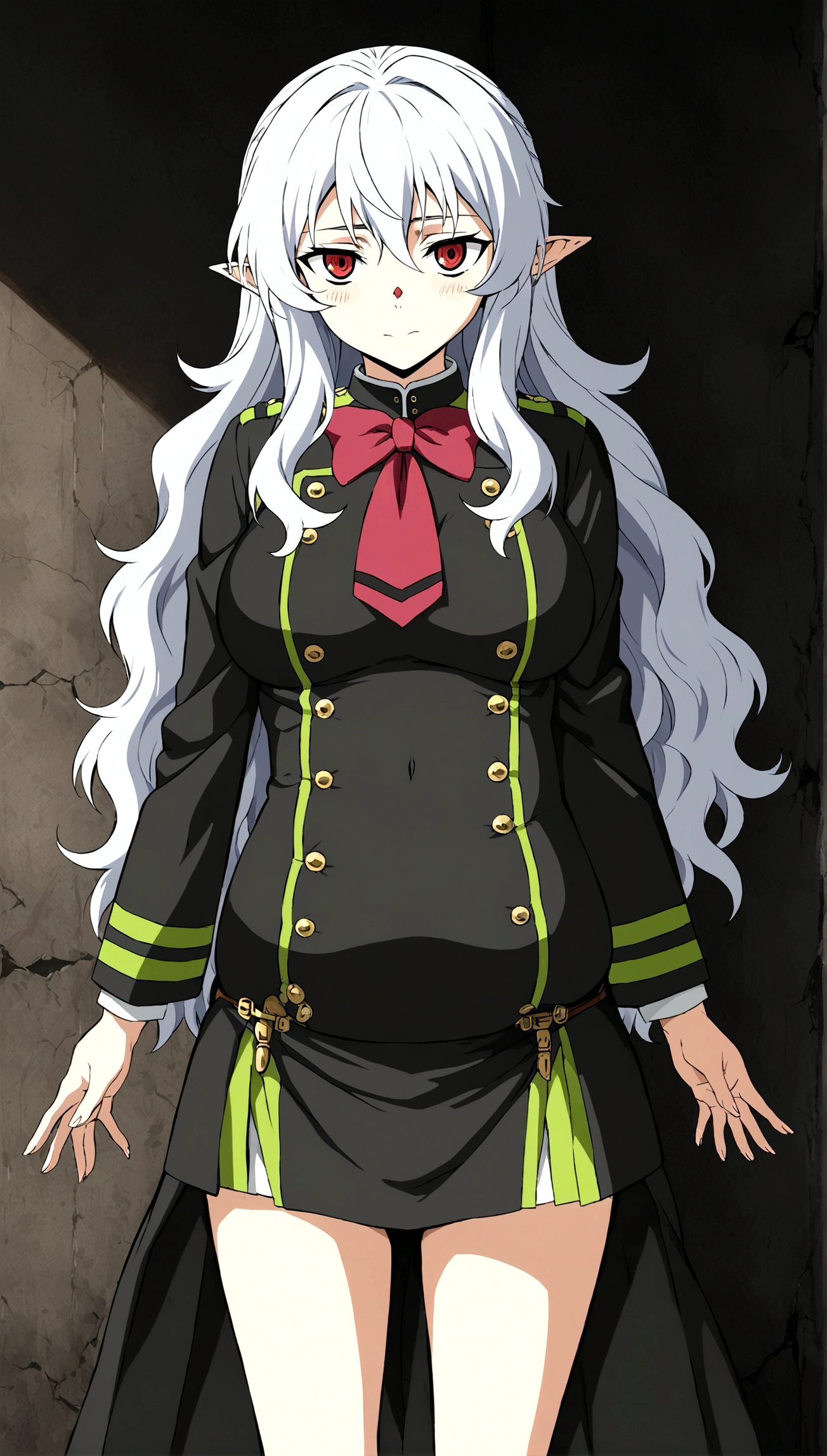 Anime. Owari no Seraph. 1 Girl. Expensive . A vampire. Clumsy mother. Pregnant. Silver hair. Wavy hair. Long hair. Red eyes. Beautiful eyes. Perfect eyes. Expressive eyes. Ideal face. Perfect body. Beautiful long ones. legs. Beautiful nose. 18 years. Big breasts. Standing. Full height. Beautiful character design. Shiny skin. Pointy ears. Ancestor Uniform Dress from Owari no Seraph. Ruins of Tokyo. Whole body. NSF. Official art. Extremely detailed CG Unity 8k wallpaper. Ideal lighting. Ultra high resolution 4K. Super detailed 8K. A high resolution.