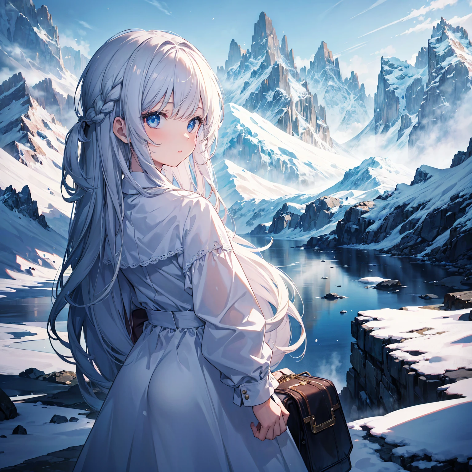 ((masterpiece)),best quality, illustration, dark, 1 girl, In the wilderness,Mountain High,Snowy mountains in the distance, castle, Beautiful and delicate eyes, beautiful fine hair,