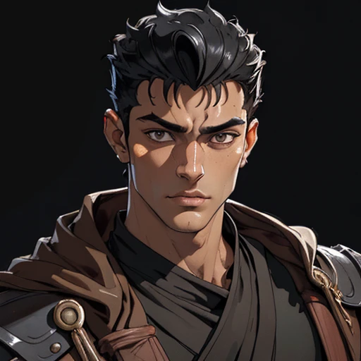 (masterpiece), (best quality),(portrait),(bust up),1boy,solo,(sharp focus),((look at viewer)),tanned skin ,(black hair),adult, (ancient:1),ancient luxurious long clothes,old school fantasy art,((simple background)),super shiny face,Ultra Glossy Skin,guts \(berserk\),(in jedioutfit)