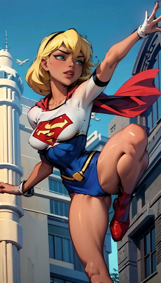 beautiful and sexy super girl flying over building sensual pose