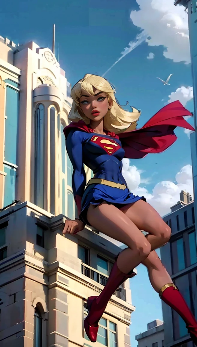 beautiful and sexy super girl flying over building sensual pose