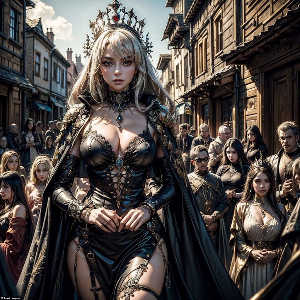 A mysterious sexy and hot queen in the center of a gothic village, around her her people of fantastic creatures who proclaim her, the queen is a little distant from the lens, the people of fantastic creatures are clearly visible and detailed