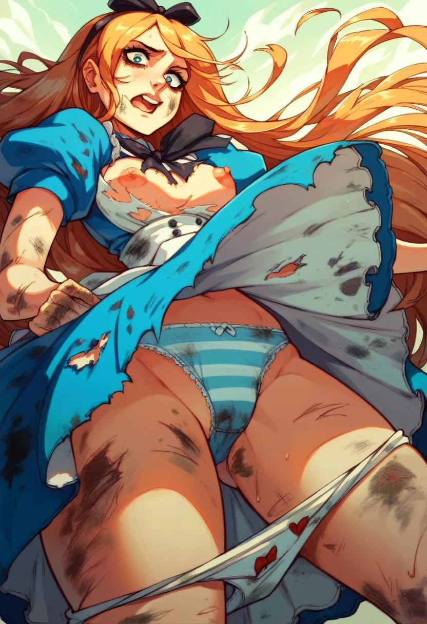  Alice in wonderland, NSFW, ripped dress, dirty, lifts_kirt, shortskirt, thights, nipples, panties