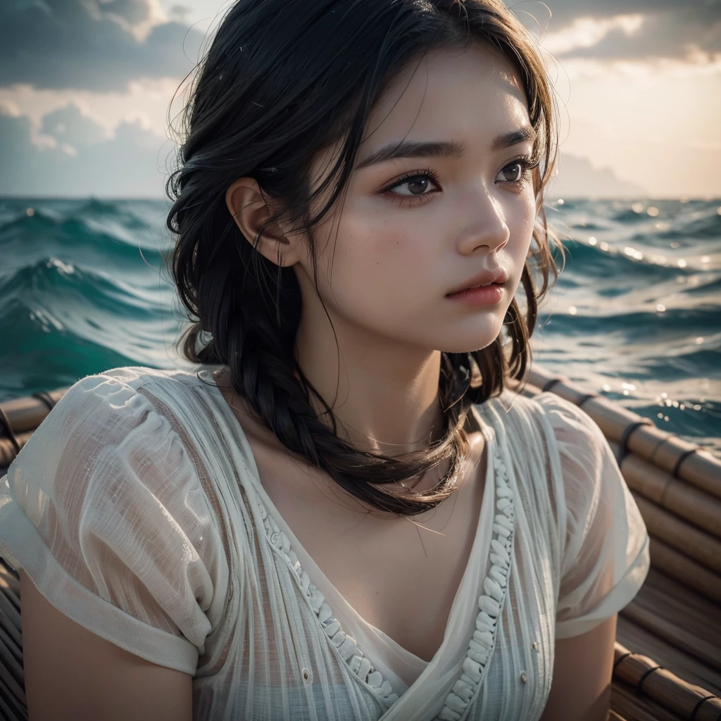 a girl on a bamboo raft stranded in the middle of the sea, detailed facial features, beautiful detailed eyes, beautiful detailed lips, extremely detailed face and skin, long eyelashes, detailed clothing, waves crashing around the raft, overcast sky, dramatic lighting, moody atmosphere, photorealistic, 8k, best quality, masterpiece, highly detailed, dramatic, cinematic