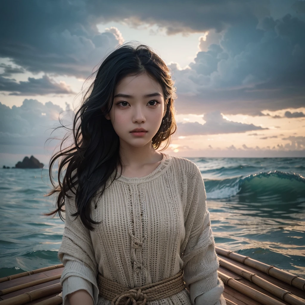a girl on a bamboo raft stranded in the middle of the sea, detailed facial features, beautiful detailed eyes, beautiful detailed lips, extremely detailed face and skin, long eyelashes, detailed clothing, waves crashing around the raft, overcast sky, dramatic lighting, moody atmosphere, photorealistic, 8k, best quality, masterpiece, highly detailed, dramatic, cinematic