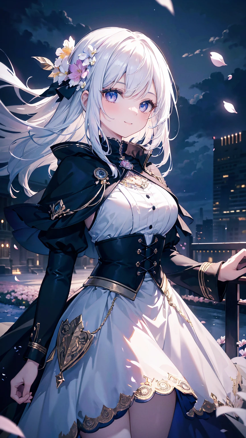 masterpiece, best quality, 1 girl, (rich and colorful),(Beautiful eyes and delicate face),cinematic Lighting,Half-length photo,Extremely detailed CG unified 8k wallpaper,white hair,alone,Smile,intricate skirt,((Flying petals)),(Flowering meadow) Sky, cloudy_Sky, building, moonLight, moon, night, (dark theme:1.3), Light, fantasy,