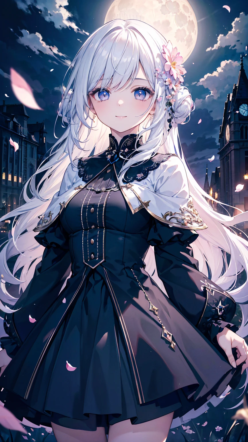 masterpiece, best quality, 1 girl, (rich and colorful),(Beautiful eyes and delicate face),cinematic Lighting,Half-length photo,Extremely detailed CG unified 8k wallpaper,white hair,alone,Smile,intricate skirt,((Flying petals)),(Flowering meadow) Sky, cloudy_Sky, building, moonLight, moon, night, (dark theme:1.3), Light, fantasy,