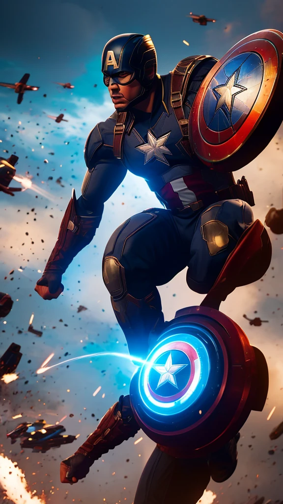 Captain America leap attack, shield at the ready, in a dynamic action pose amidst a chaotic battle scene backdrop. His muscles ripple beneath his iconic suit as he prepares to strike. The mid-body portrait showcases his determined expression and defined physique. The composition is sharp, with bold lines and contrasting colors drawing attention to the star-spangled hero. Highly detailed digital painting techniques create an extremely realistic 8K Kodak Golden shot, reminiscent of art by Ross Tran and Jim Lee.