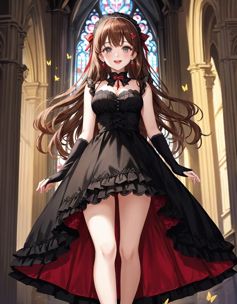 1 beautiful girl, walking in a hallway of a gothic church, elegant sleeveless dress, beautiful red and black dress, gothic style dress, long elegant transparent gloves, red high heels, ruby ring on the right index finger, low-cut chest, big round breasts, short skirt with ruffles, long black stockings above the knees with lace, full and detailed body, perfect body, butterflies around, upskirt, brown hair, bangs, hair behind ear, hair over shoulder, long hair, side swept bangs, wavy hair, hair one side up, expressive hair, shiny hair, hair ribbon, hair ornament, jewelry, butterfly hair ornament, ta hairband, aqua eyes, glowing eyes, pupils sparkling, heart earrings, open mouth, smile, fingersmile, bright pupils, seductive smile, red lips, Surrealism, high detail, interior architecture, anime style, Romanticism, Gothic art, dithering, first-person view, from below, perspective, Wide-Angle, f/1.8, 85mm, Sony FE, 8k, super detail, UHD, masterpiece, accurate, anatomically correct, high quality, highres, textured skin