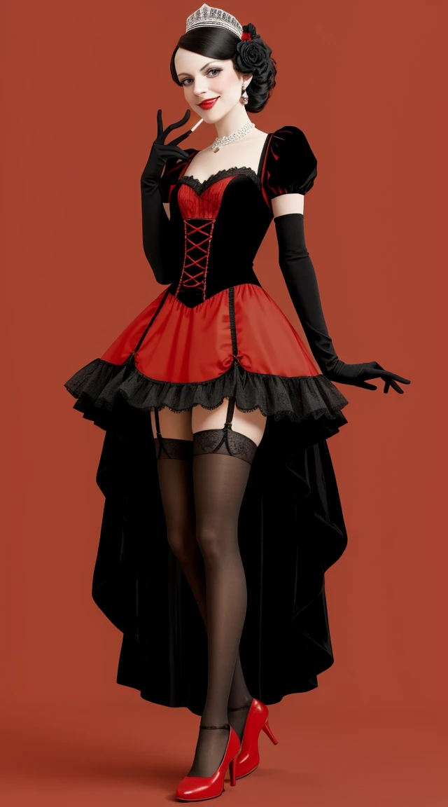 Charleston  Costume Woman, black and red Charleston Costume, black elbow gloves, very tiny dress, black stockings, garter belt, shoes, long Charlestone sexy  cigarette pose and smile 