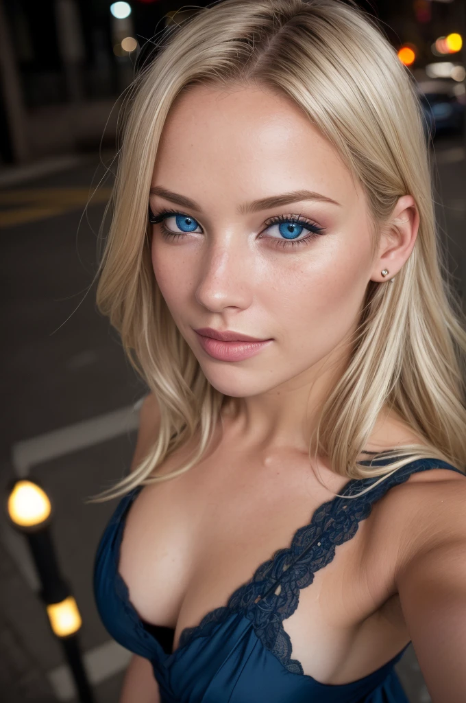 (Selfie Photo, from above:1.4), (half body postrait:1.4), RAW uhd portrait photo of a 24-year-old blonde (blue-eyed woman) walking down a dark alley, natural breasts_b, nighttime city background, (blue sundress), (neckline), detailed (Textures!, Hair!, shine, color!!, Imperfections:1.1), highly detailed glossy eyes, (looking to the camera), specular lighting, DSLR, Ultra quality, sharp focus, thanks sharp, DOF, film grain, (centered), Fujifilm XT3, clear as crystal, Center of the frame, Beautiful face, sharp focus, streetlight, neon lights, bokeh, (dimly lit), low key, At night, (night sky) detailed skin pores, oiled skin, tan, intricate eye detail