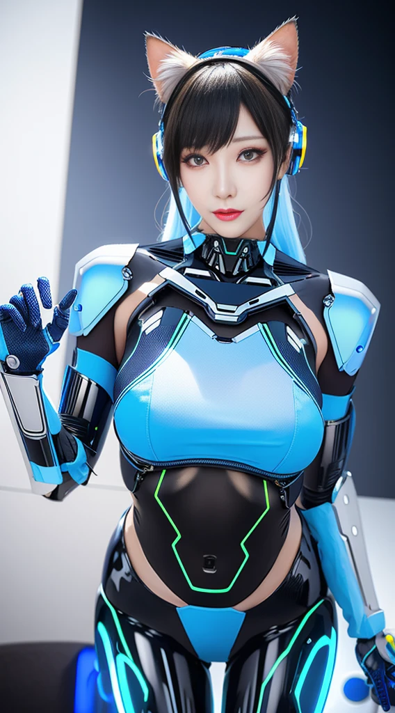 Jay super details, High Detail, high quality, best quality, High resolution，1 female robot，Beautiful female robot,beautiful clear face(Rain waves_haneame：1.5), cat robot，cat ear antenna，Learn how a cat crawls，Mechanical body(Smooth metal surface，armor，Mechanical seams of skin，beautiful body curves)，High-tech mechanical armor(Mechanical Technology，Highlight breast contour)