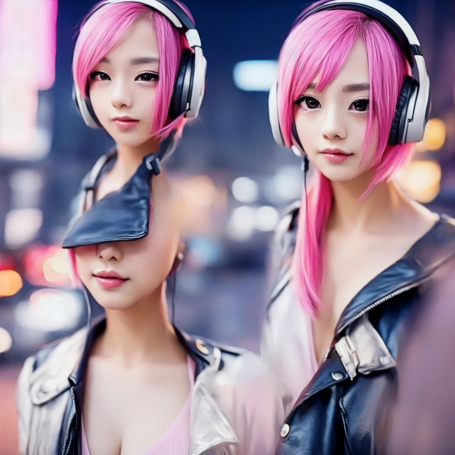 woman Pink Hair wearing Headphones on a city street, Cute girl with short pink hair, Anime Style mixed with fujifilm, Anime Style. 8K, pink Headphones, girl wearing Headphones, Headphones, Anime Style 4 k, Pink Hair, Beeple&#39;s Style Hybrid Mix, Cyberpunk beautiful girl, Cyberpunk Anime Girl, with Headphones, Cyberpunk Style,1 person