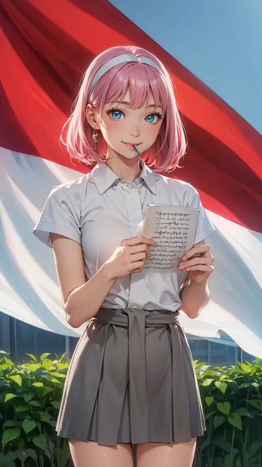 highest quality、masterpiece、８K、1 female、20-year-old、pink hair、Wavy Long Hair、bangs、fox ears、(attractive woman)、(smile)、white blouse、room、emerald blue eyes、sparkling eyes、big bust、((from waist to head))、(sitting at the desk)、Novelist、holding a pencil in mouth、(transparent)、(pure)、aerial perspective、