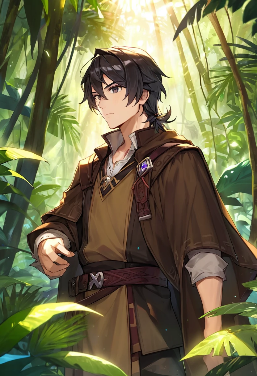 man, dnd, adventurer, brown cloak,black hair ,jungle , sun light