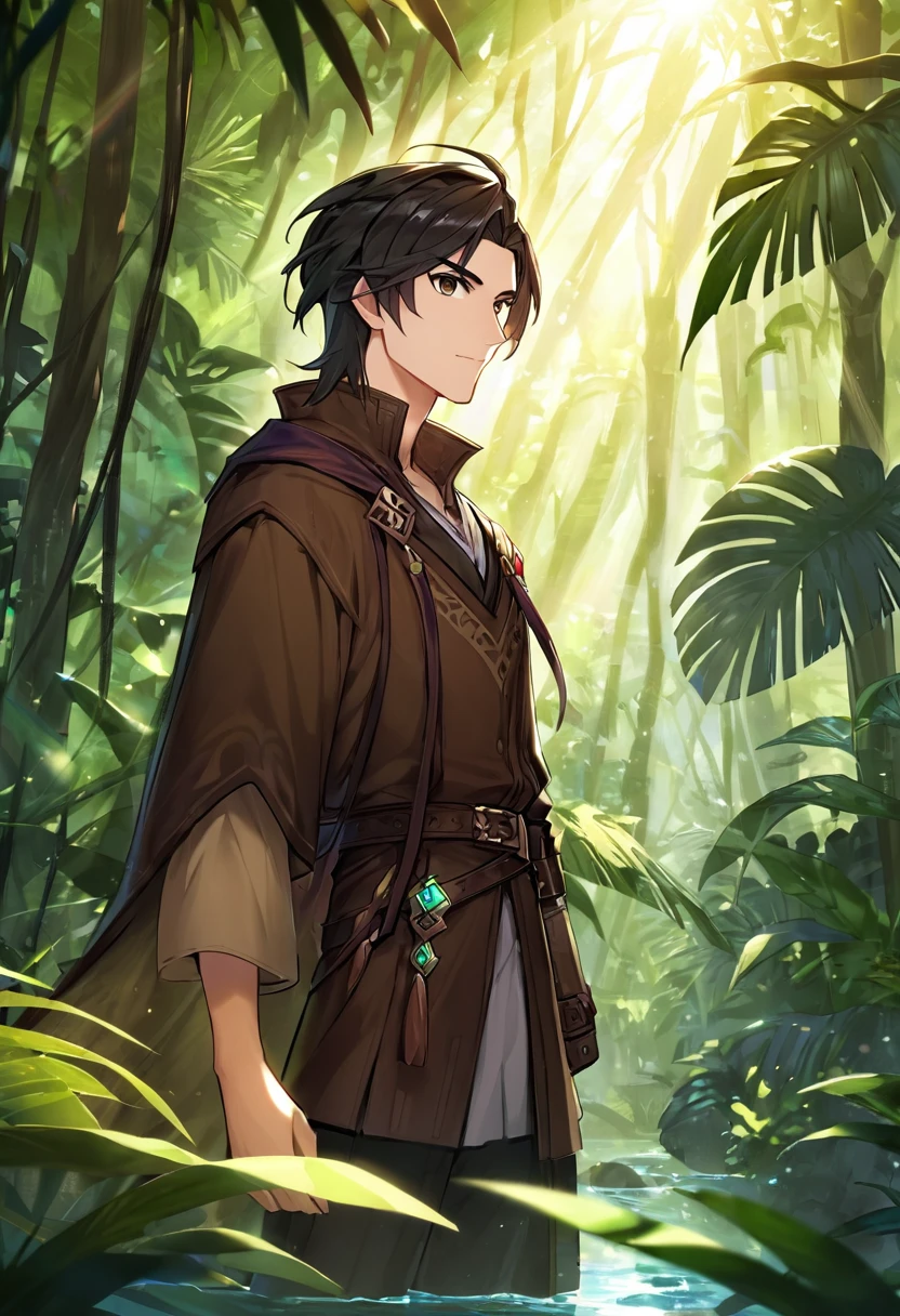 man, dnd, adventurer, brown cloak,black hair ,jungle , sun light