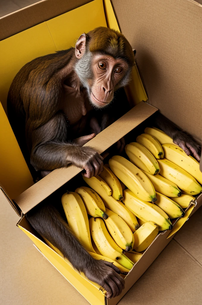 A monkey stand in a box banana in his hand