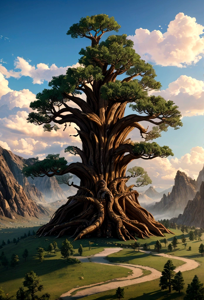 Zebaoth, giant epic fantasy tree, huge mountains, cinematic lens, wide-angle view, realistic, detailed skins, 8k, trending on artstation, smooth, 3d animation --ar 2:1 --v 5 --q 2 --s 750