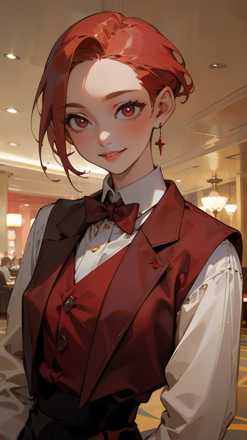 (masterpiece, best quality, super detailed, beautiful details eyes, Clean and delicate face), solo, 1 girl, Red slicked back short hair, red eyes, smile, lips apart casino croupier, casino uniform, white long sleeve shirt ,red vest, red bowtie, black pants