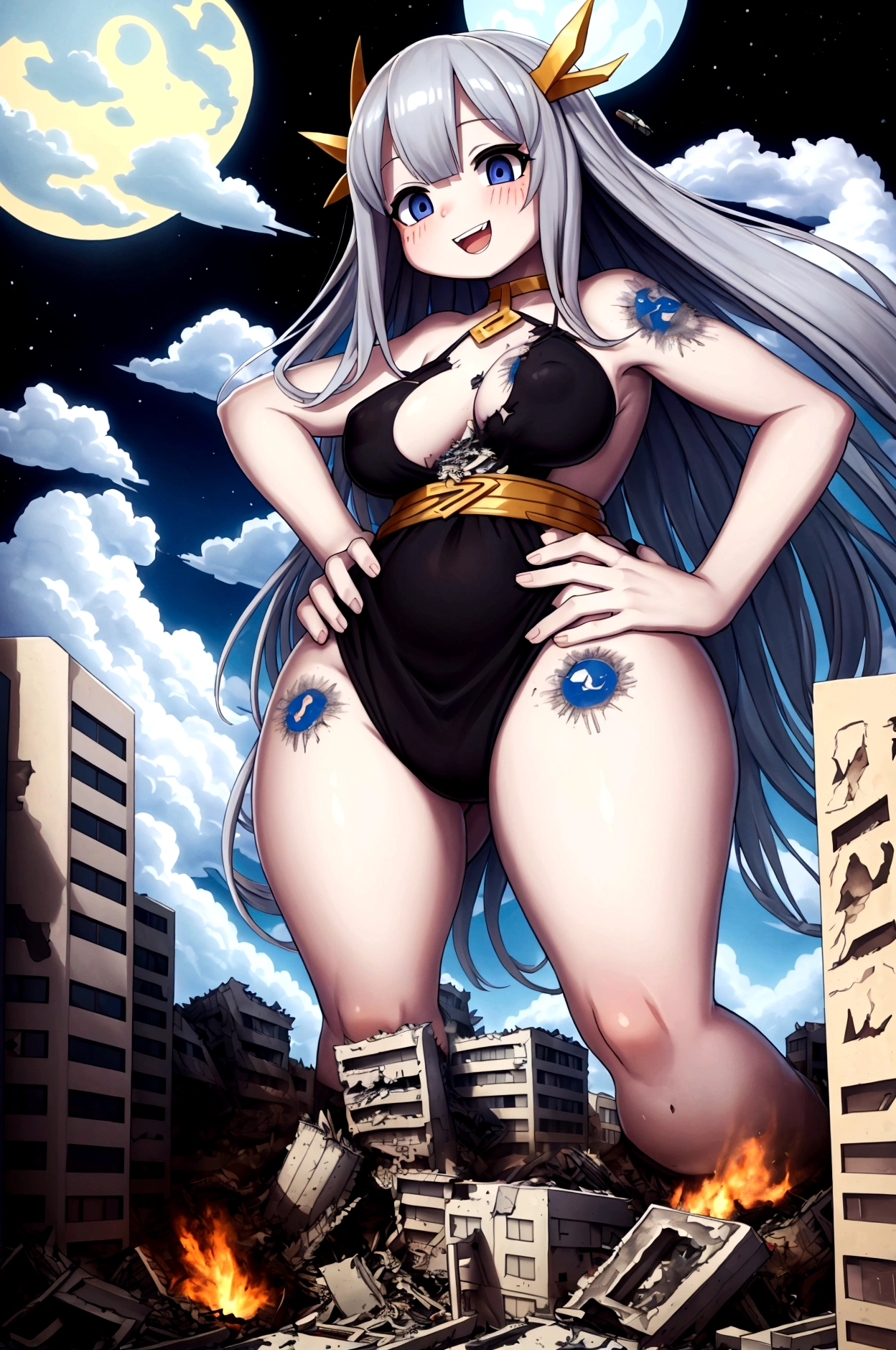 masterpiece、Highest quality、Giantessのイラスト、Giant Spaceman、Giant aliens、smile、Open mouth and show teeth、beautiful身体、simple、beautiful、Anime illustration、Draw a woman in a big way、Completely naked、Large Breasts、Giantess、Hall々Stand with、Hands on hips、giantess、Black Hair、Long Hair、Low - Angle、Destroyed small town、Destroyed small building district、City in Ruins、Smoke is rising、The fugitive々、Destructive illustration of a small city with buildings visible in the distance