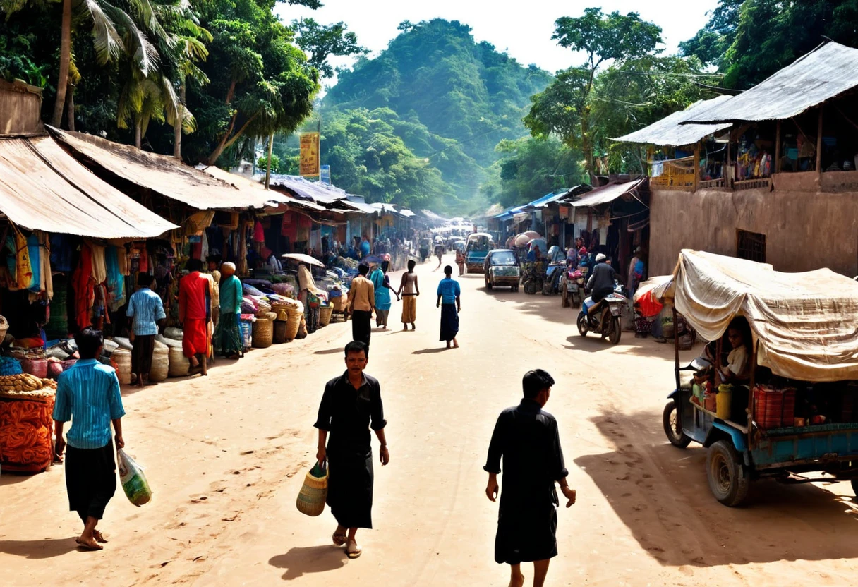 Black Market,noon,People are coming and going,A small amount of sand,Thriving city,Well-maintained roads