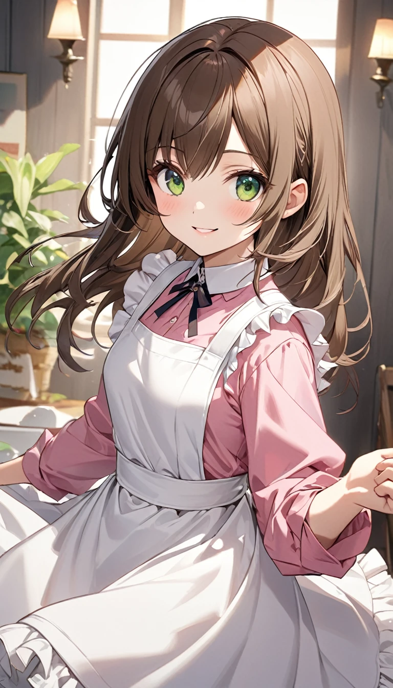best quality, super fine, 16k, 2.5D, delicate and dynamic depiction, Isabella, cute girl with young face, estimated to be 25 years old, brown hair, big green eyes, pink shirt with white frills on the shoulders and neck, ivory ruffled long skirt, cute white apron, always smiling, ANIME The Misfit of Demon King Academy