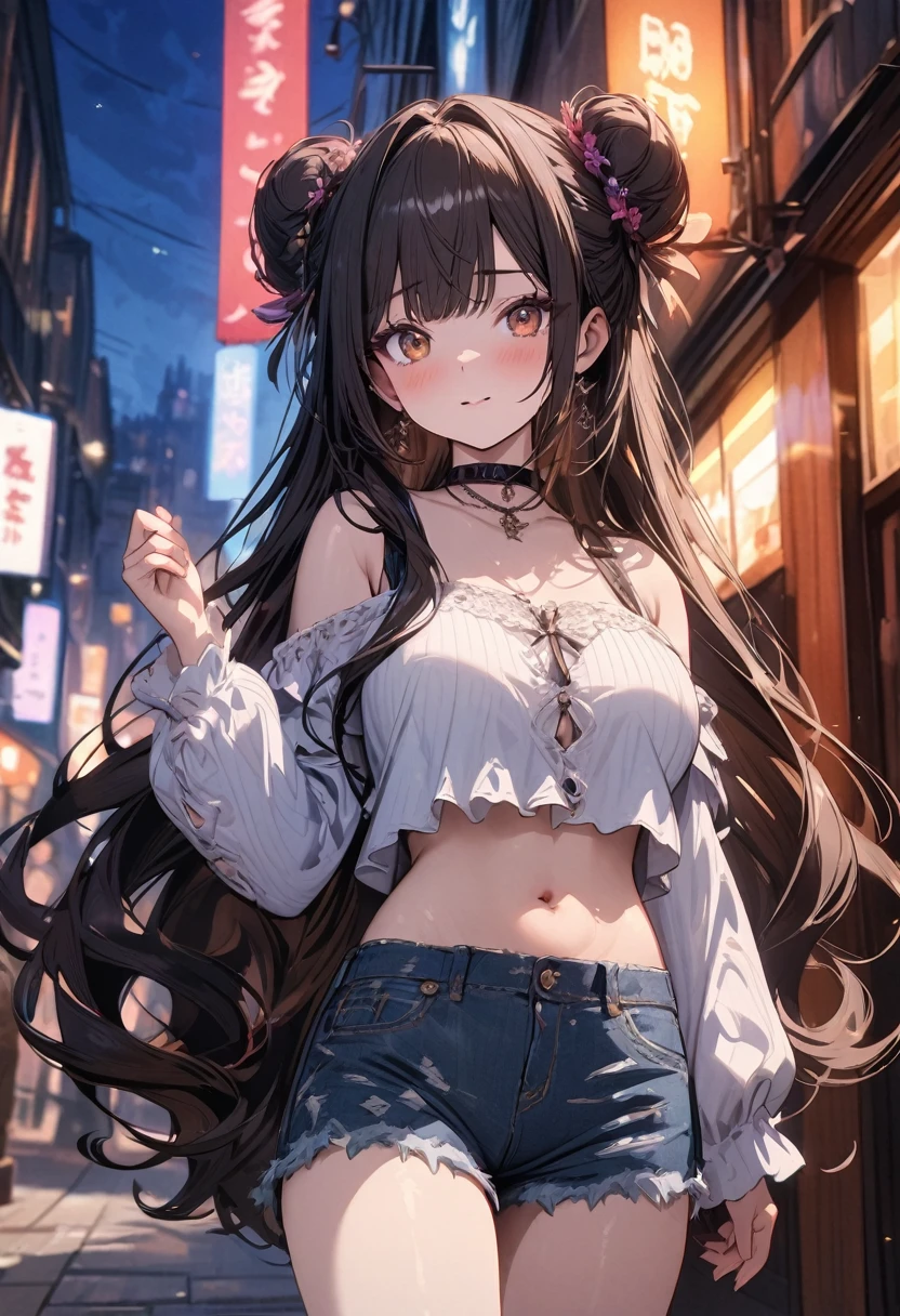 (masterpiece), best quality, very aesthetic, newest, absurdres, detailed, high quality
BREAK
highest quality, top quality, details, highres, ultra fine painting, digital art, official art, cinematic, 4k, 8k resolution, 8K CG wallpaper, CG, original artwork, detailed background, colorful background, blue atmosphere, High Dynamic Range, blurry background, blue hour, Starburst effects, crepuscular rays, good ISO, high resolution, wide shot, from far away, RAW photo, POV, sharp focus, light reflection, reflections, intricate details, soft light, particle noise, professional photography, bokeh, depth of field, natural lighting, vibrant colors, looking away, detailed lights and shadows, stylish, ultra-detailed, top rated on Pixiv, trending on Artstation, niji style, modern-days, master crafted, pose
BREAK
solo, (close up), 1girl, pale skin, correct fingers, detailed hand, (big breasts:1.2), big thighs, small torso, short body, flushtered, shy, blush, anxious expression, embarassed, embarassed act, casual, slim, ((cute, childlike face):1.3), nice hips, nice body, brown hair, (very long flowing hair), (big 2 buns hairstyle)), long bangs, long hair, middle hair bangs, brown eyes
BREAK
(white loose-fitting crop shirt, long sleeve, denim shorts, choker, casual wear style, tummy skin, detailed tummy skin, belly button, modern fashion) 
BREAK
Empty streets background, anime background, quiet street, street lamps, sky
