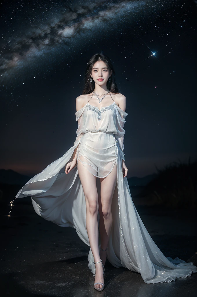 (((best quality))),(((ultra detailed))),(((masterpiece))),illustration,((A beautiful female astrologer,solo)),((slim,thin)),((small breasts,flat chest)),((shoulder length straight hair)),(laughing:1.2),(earrings,necklace),(sparkled sheer shirt-dress:1.3),(slender legs),standing beneath a magical summer night, stars twinkling in the velvety darkness,starry sky, sapphire eyes filled with wonder, flowing ethereal gown mimicking the stars, silver pendant shaped like a horoscope,serene smile and captivating gaze, celestial beauty and mystery, solace and inspiration in the vast expanse of the universe,((from front,full body)),(arms behind back:1.3)
