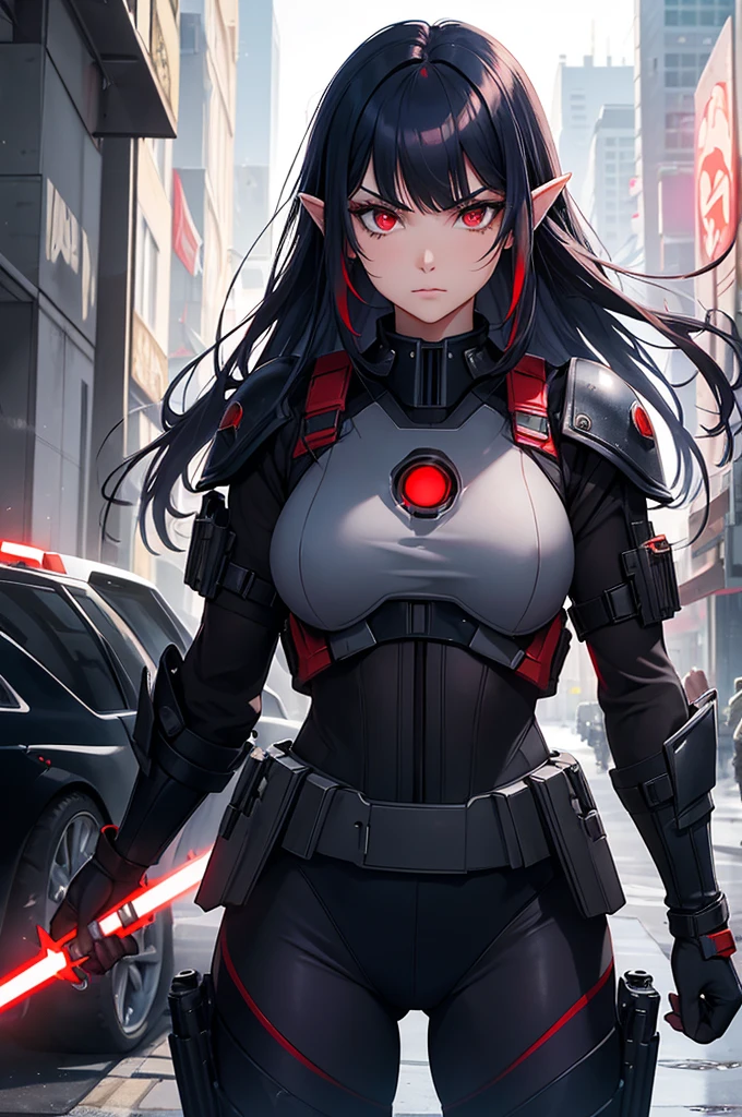 Create high quality images featuring a red eyed elf girl with dark navy blue hair and straight bangs。She is a member of the police special forces.。Bulletproof。Aggressive pose。Aggressive facial expression。Have a lightsaber。In the background is the city inside the dome。 Next to her is a black armored vehicle.。
