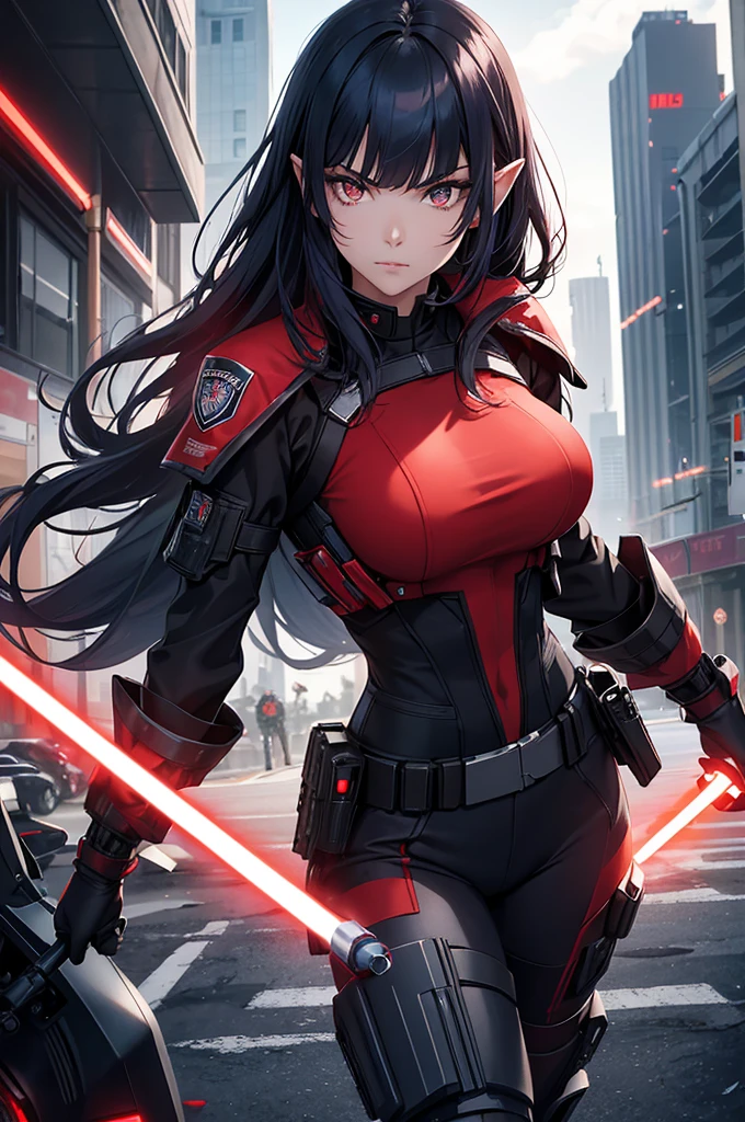 Create high quality images featuring a red eyed elf girl with dark navy blue hair and straight bangs。She is a member of the police special forces.。Bulletproof。Aggressive pose。Aggressive facial expression。Have a lightsaber。In the background is the city inside the dome。 Next to her is a black armored vehicle.。