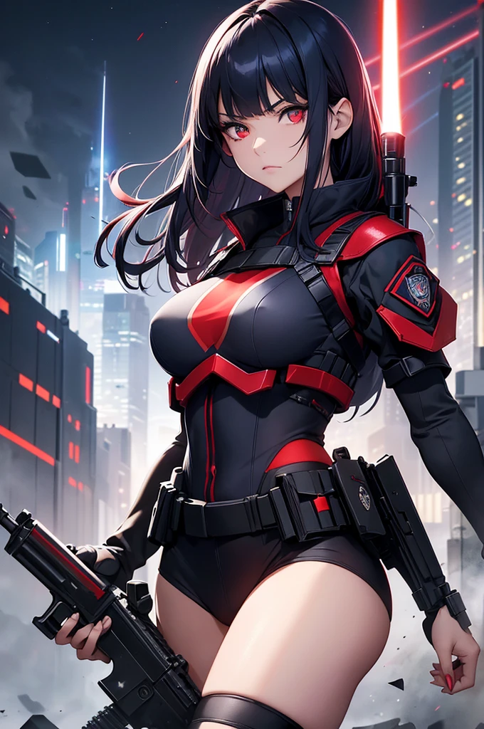 Create high quality images featuring a red eyed elf girl with dark navy blue hair and straight bangs。She is a member of the police special forces.。Bulletproof。Aggressive pose。Aggressive facial expression。Have a lightsaber。In the background is the city inside the dome。 Next to her is a black armored vehicle.。