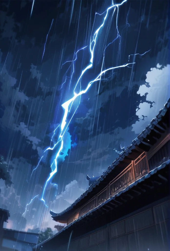 Rise Up。Flying in the sky。blue glowing oriental dragon。Night Sky。Lightning strikes。rain。