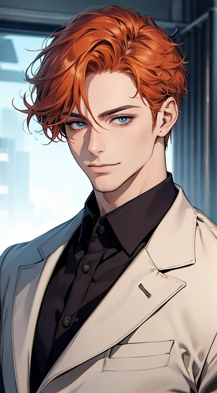 (best quality,4k,8k,highres,masterpiece:1.2),ultra-detailed,(realistic,photorealistic,photo-realistic:1.37),1 man,31 years old,mature man,very handsome,without expression,smile,short orange hair,blue eyes,penetrating gaze,perfect face without errors,imposing posture,businessman,office background,cinematic lighting,hdr image