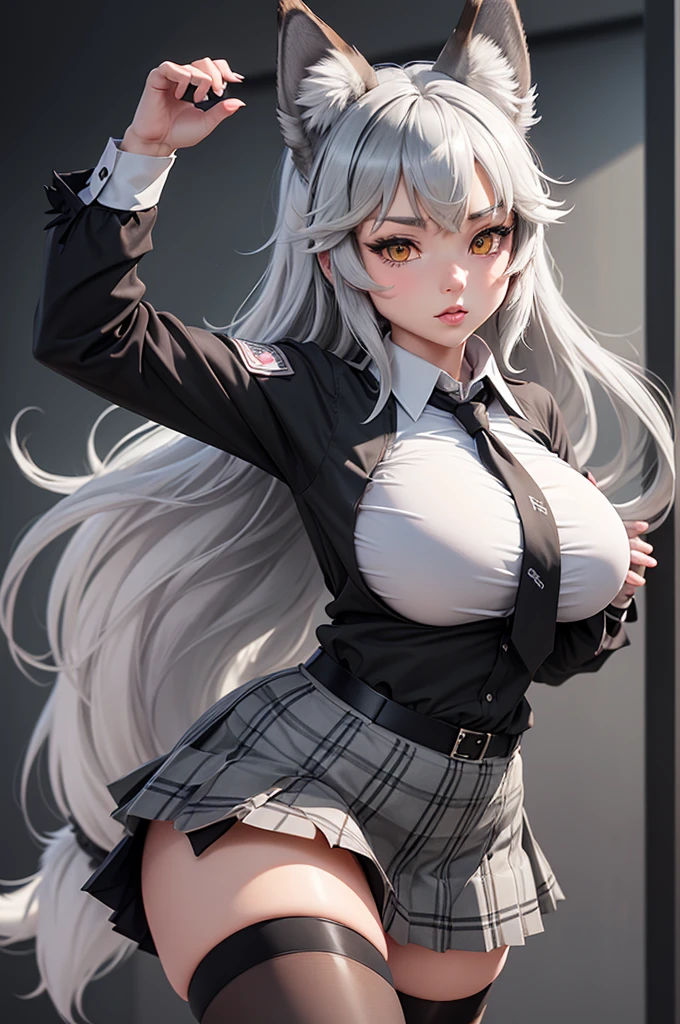 grey wolf \(kemono friends\), 1girl, two-tone hair, long hair, large breasts, wolf ears, heterochromia, wolf tail, fur collar, collared shirt, black shirt, breast pocket, plaid necktie, plaid skirt, pleated skirt, white gloves (holding her breast), two-tone thighhighs, fur-trimmed boots