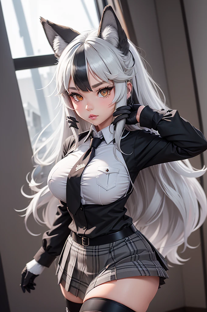 grey wolf \(kemono friends\), 1girl, two-tone hair, long hair, large breasts, wolf ears, heterochromia, wolf tail, fur collar, collared shirt, black shirt, breast pocket, plaid necktie, plaid skirt, pleated skirt, white gloves (holding her breast), two-tone thighhighs, fur-trimmed boots