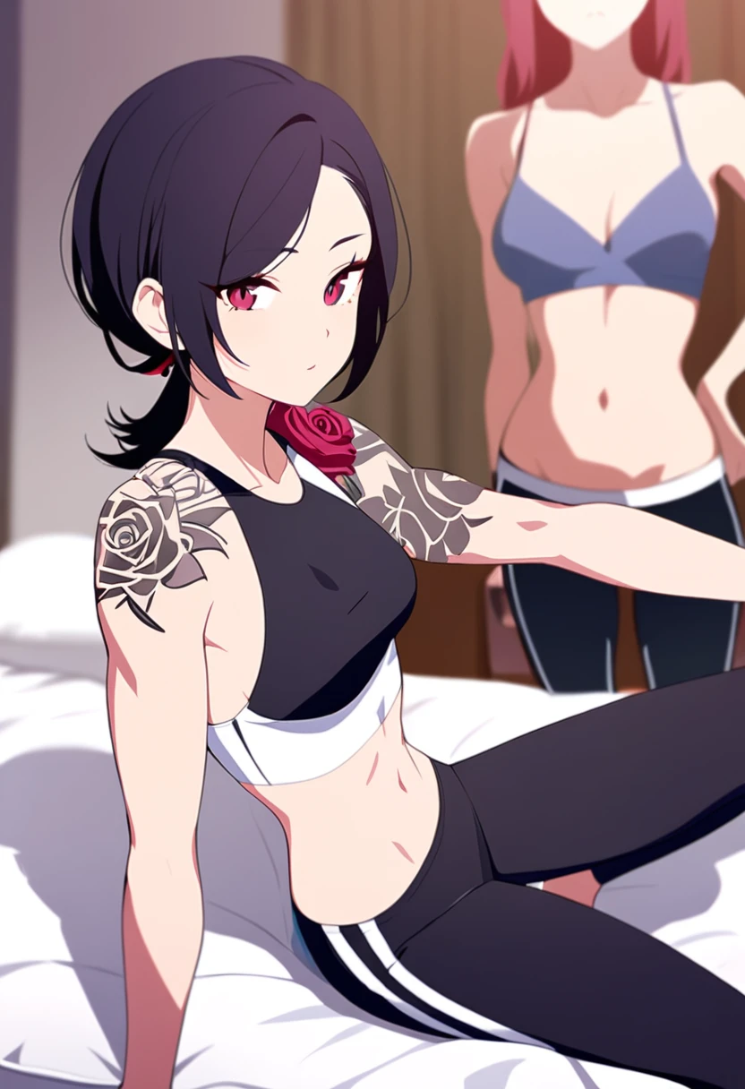 young woman, athletic body, Athletic hips, group, leggings, rose tattoo on shoulder, short slightly long hair, sitting on the bed