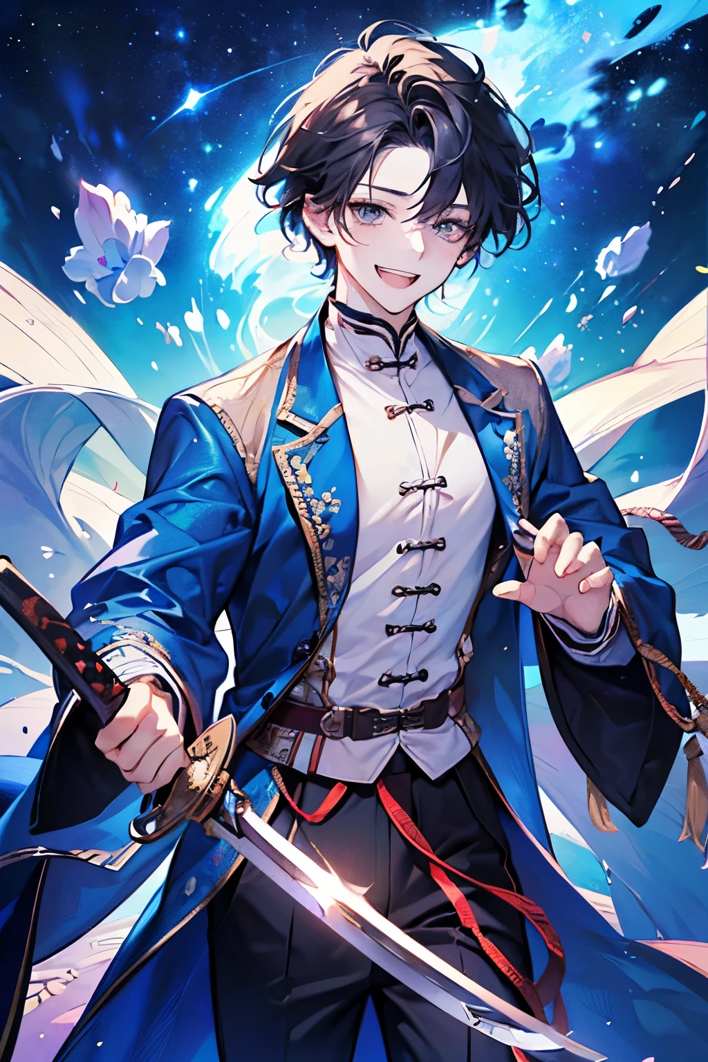 ((cute,kawaii,wonderland)),(Embarrassed、A big smile),(Lively and active:1.25),((boy,Men's,male:1.2)),((1.25)),((Western Swordsman:1.4)),Angle of incitement,((Milky Way、stardust、gem)),(Short Hair:1.3),(Droopy eyes:1.2),(Canine:1.35).
