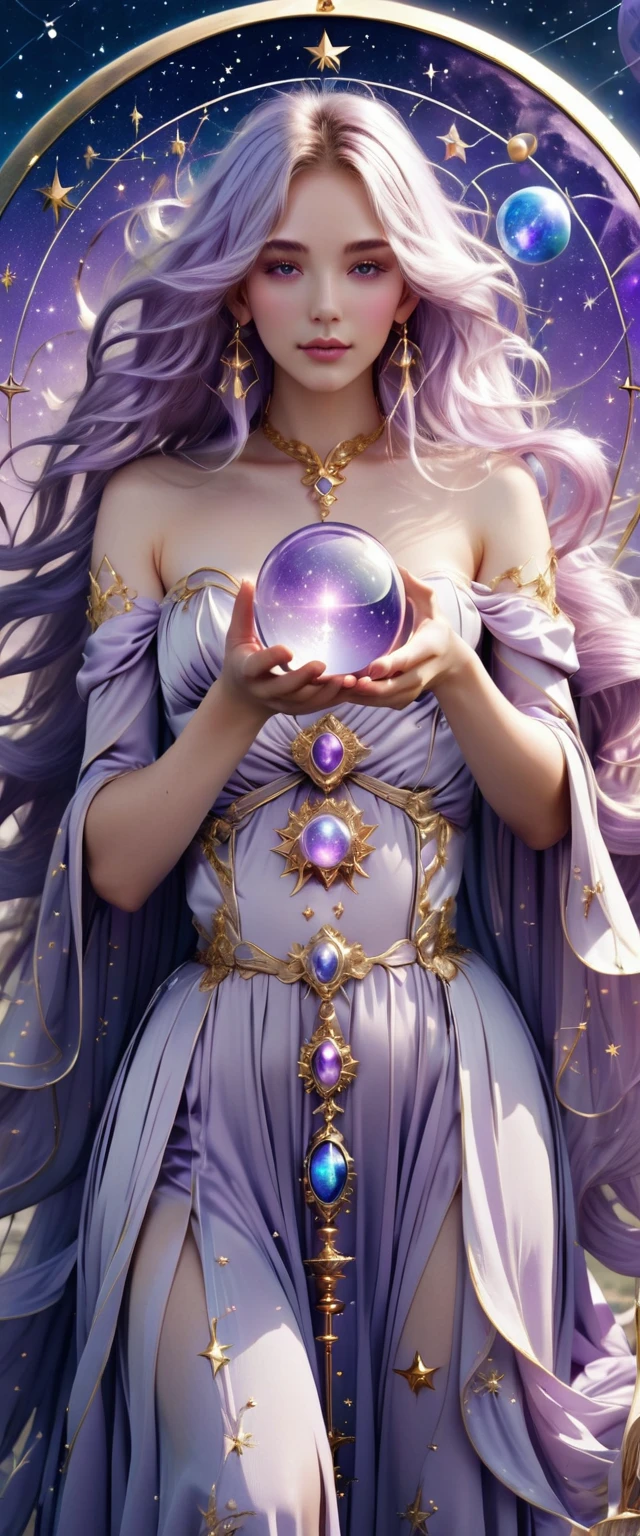 Beautiful Celestial Astrologer, Detailed key animation art, Official Anime Artwork,Girl with long light purple hair holding crystal ball staff,Shoulder silver shawl cosmic astrology girl, Background with astrological chart and brilliant stars.