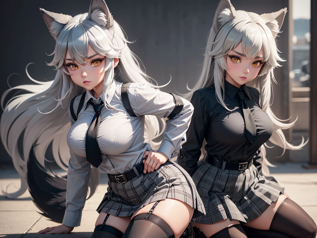 grey wolf \(kemono friends\), 1girl, two-tone hair, long hair, large breasts, wolf ears, heterochromia, wolf tail, fur collar, collared shirt, black shirt, breast pocket, plaid necktie, plaid skirt, pleated skirt, white gloves (holding her breast), two-tone thighhighs, fur-trimmed boots