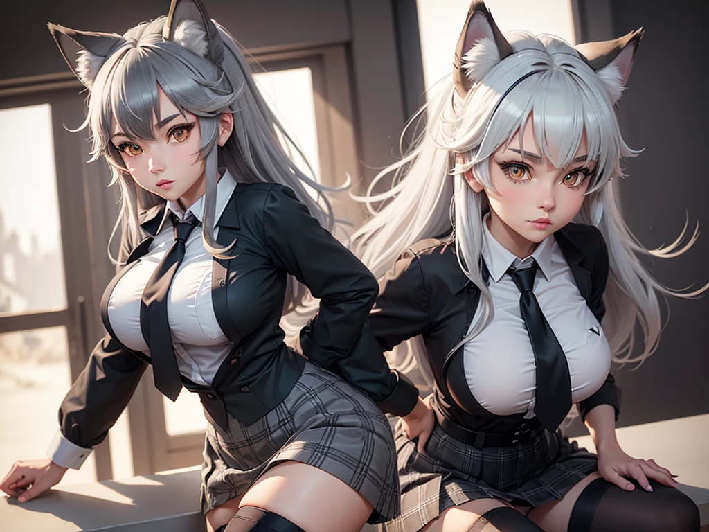 grey wolf \(kemono friends\), 1girl, two-tone hair, long hair, large breasts, wolf ears, heterochromia, wolf tail, fur collar, collared shirt, black shirt, breast pocket, plaid necktie, plaid skirt, pleated skirt, white gloves (holding her breast), two-tone thighhighs, fur-trimmed boots