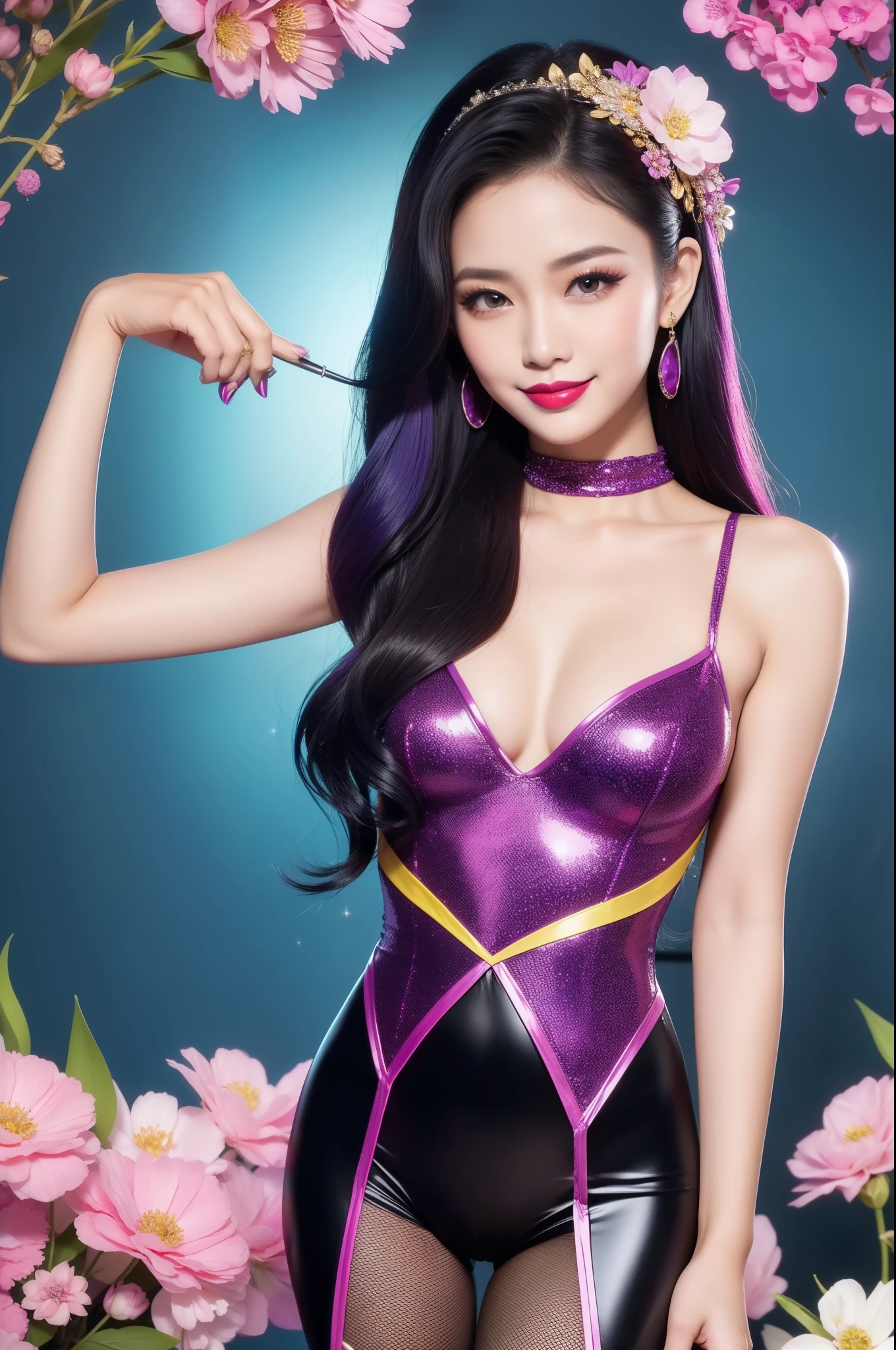sexy Thai model who controls poison、beautiful smile、lip-gloss、bold lipstick、intense makeup、look at the camera、full body Esbian、、sparkling poisoned flower costume、、、、sparkling Colorful hair、secrete poison、skull hair accessories、sexy tights、shiny sparkling flowers background