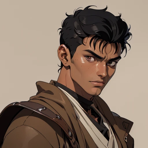 (masterpiece), (best quality),(portrait),(bust up),1boy,solo,(sharp focus),((look at viewer)),tanned skin ,(black hair),adult, (ancient:1),ancient luxurious long clothes,old school fantasy art,((simple background)),super shiny face,Ultra Glossy Skin,guts \(berserk\),(in jedioutfit),Beige outfit